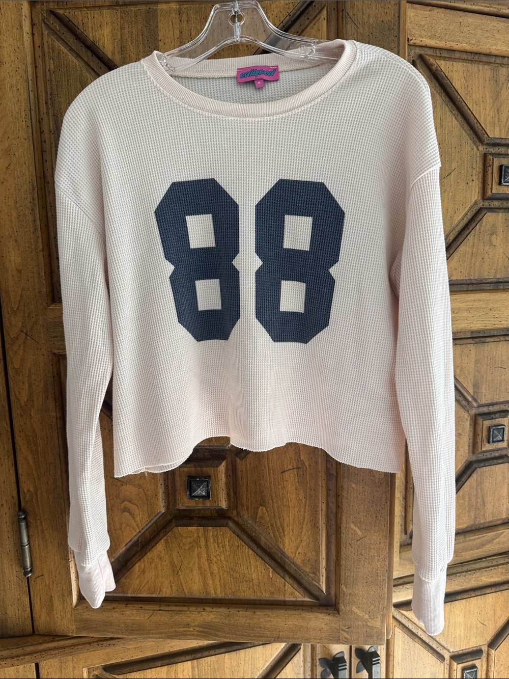 Edikted Cream Waffle-Knit Pullover with Navy '88' Graphic